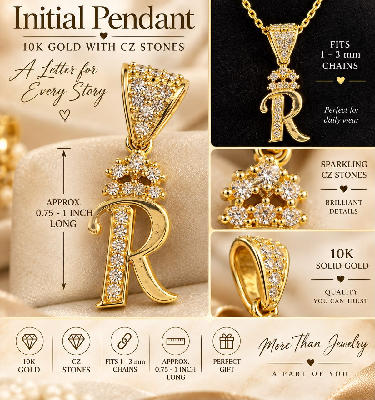 10K Solid Gold CZ Initial Letter Pendant Charm 0.75-1” Fits 1-3mm Chain