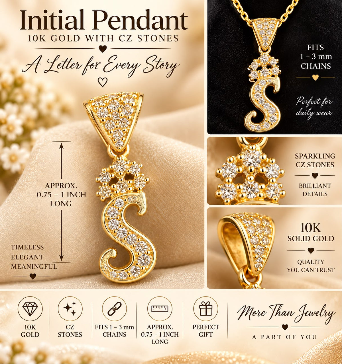 10K Solid Gold CZ Initial Letter Pendant Charm 0.75-1” Fits 1-3mm Chain