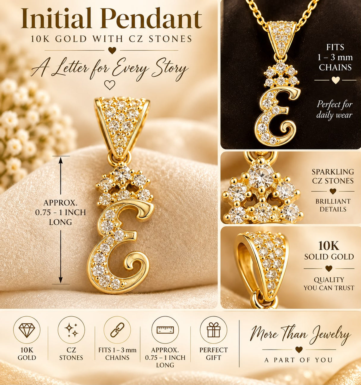 10K Solid Gold CZ Initial Letter Pendant Charm 0.75-1” Fits 1-3mm Chain