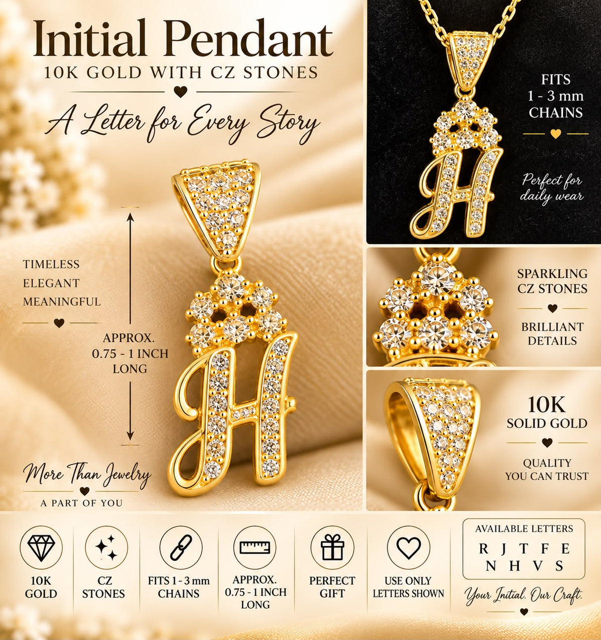 10K Solid Gold CZ Initial Letter Pendant Charm 0.75-1” Fits 1-3mm Chain