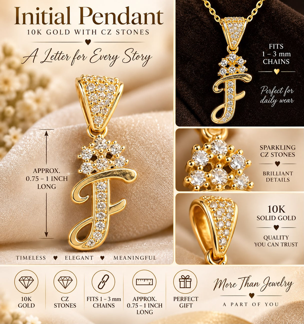 10K Solid Gold CZ Initial Letter Pendant Charm 0.75-1” Fits 1-3mm Chain