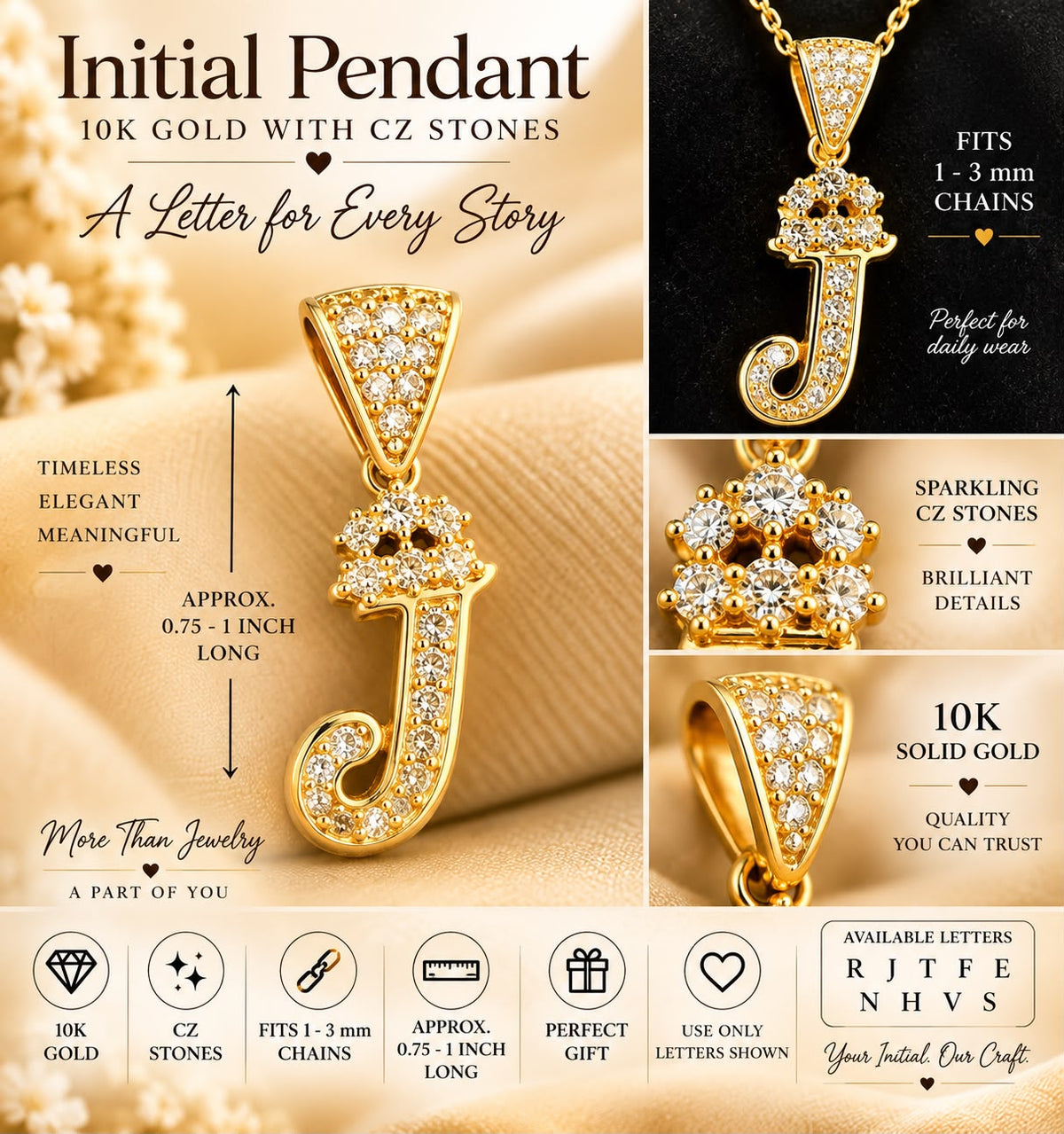 10K Solid Gold CZ Initial Letter Pendant Charm 0.75-1” Fits 1-3mm Chain