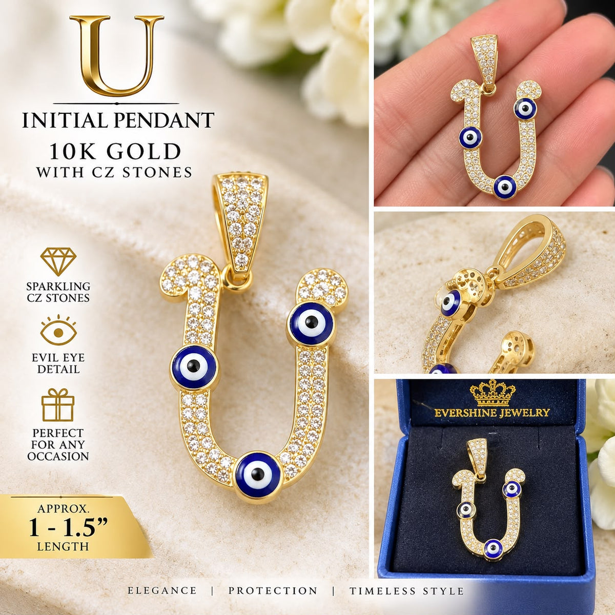 10K Yellow Gold CZ Evil Eye Initial Letter Pendant Charm P F O G U 1–1.5”