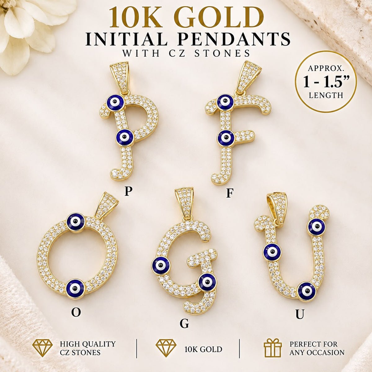 10K Yellow Gold CZ Evil Eye Initial Letter Pendant Charm P F O G U 1–1.5”