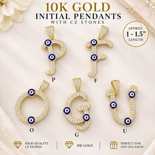 10K Yellow Gold CZ Evil Eye Initial Letter Pendant Charm P F O G U 1–1.5”