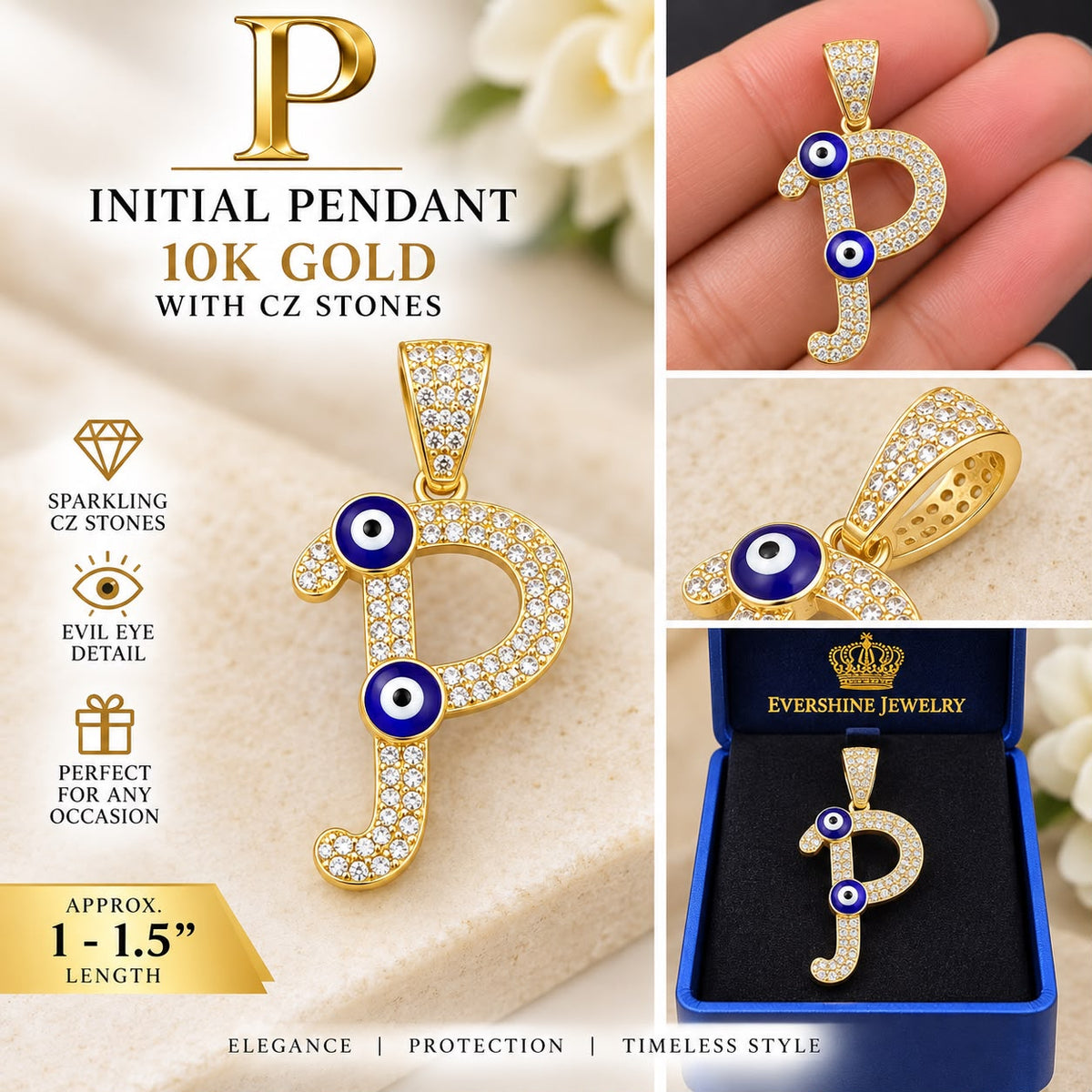 10K Yellow Gold CZ Evil Eye Initial Letter Pendant Charm P F O G U 1–1.5”