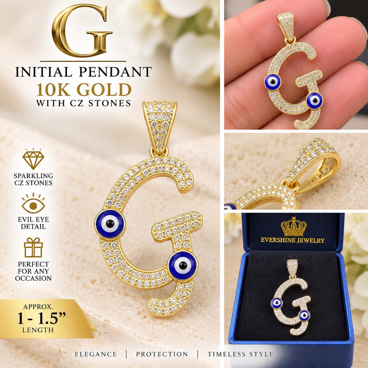 10K Yellow Gold CZ Evil Eye Initial Letter Pendant Charm P F O G U 1–1.5”