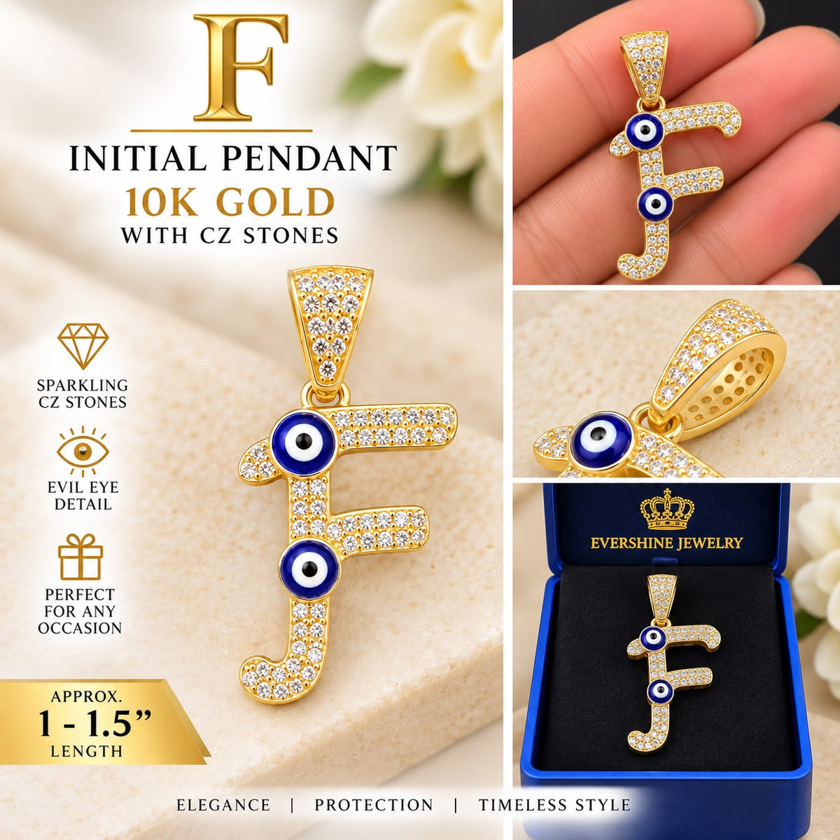 10K Yellow Gold CZ Evil Eye Initial Letter Pendant Charm P F O G U 1–1.5”