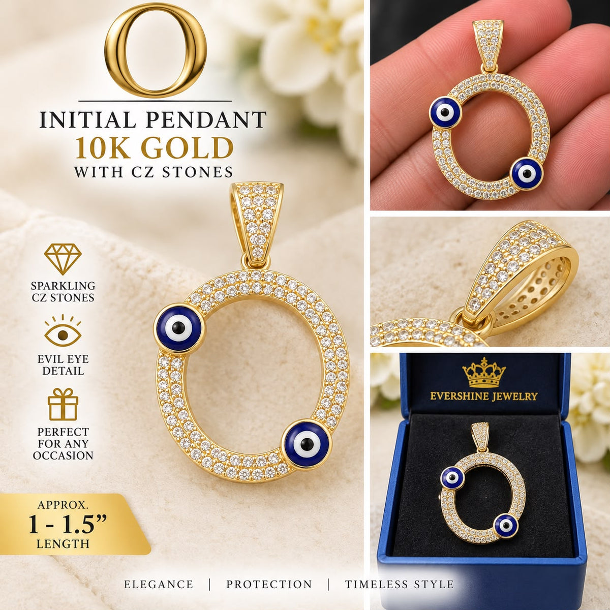 10K Yellow Gold CZ Evil Eye Initial Letter Pendant Charm P F O G U 1–1.5”