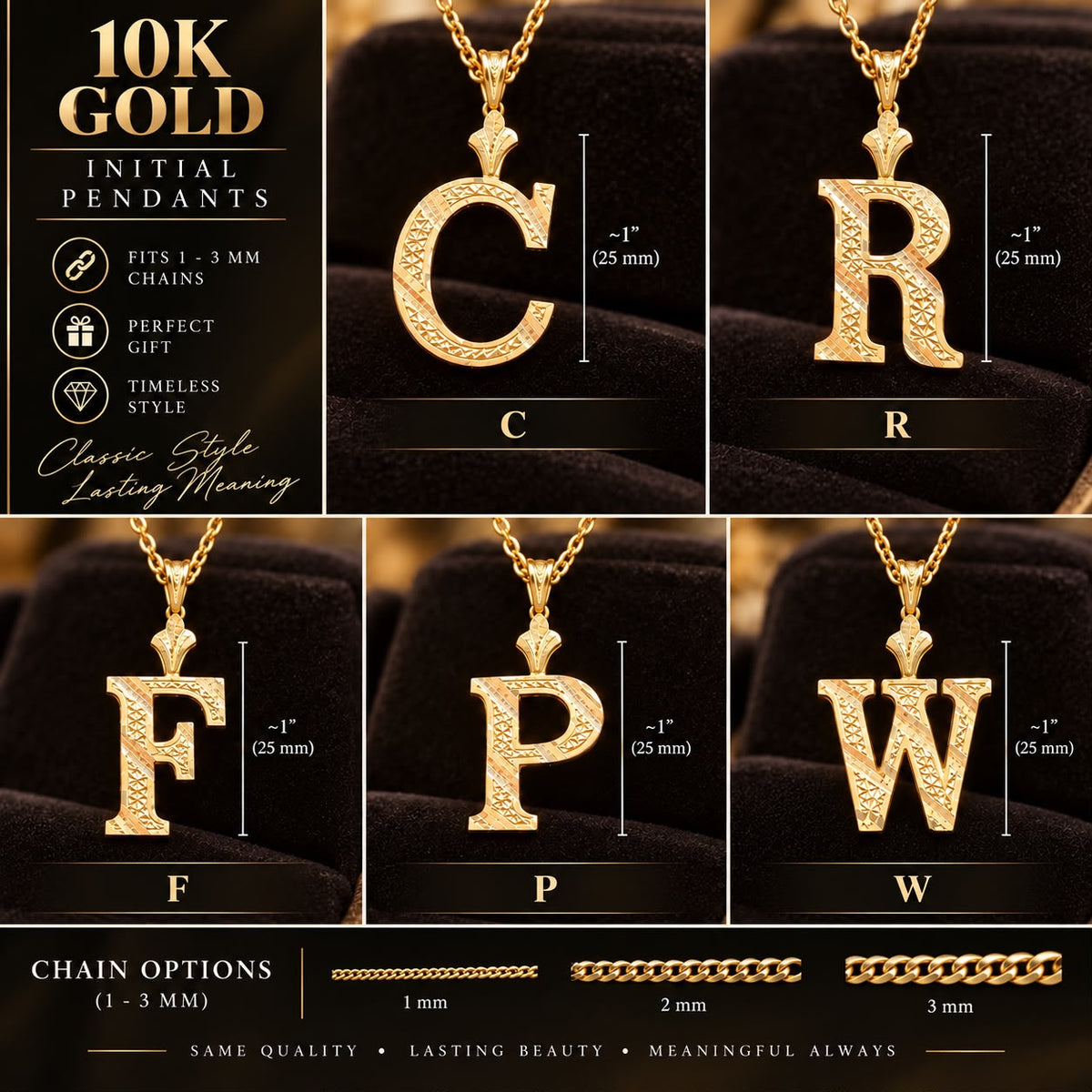 10K Yellow Gold Initial Letter Pendant C R F P W 1–1.2” Diamond Cut Charm