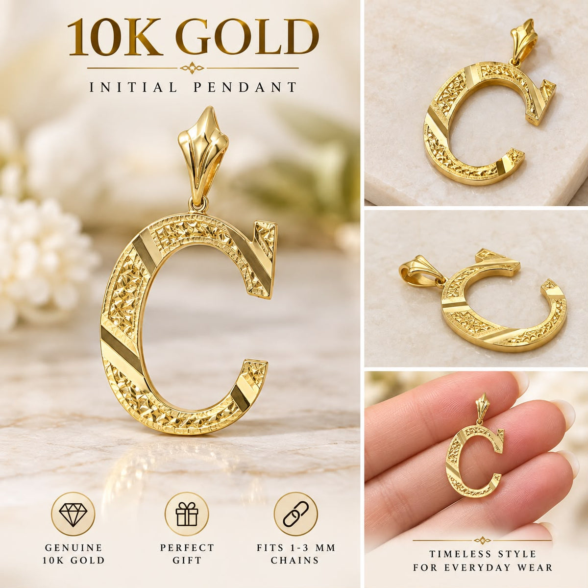 10K Yellow Gold Initial Letter Pendant C R F P W 1–1.2” Diamond Cut Charm