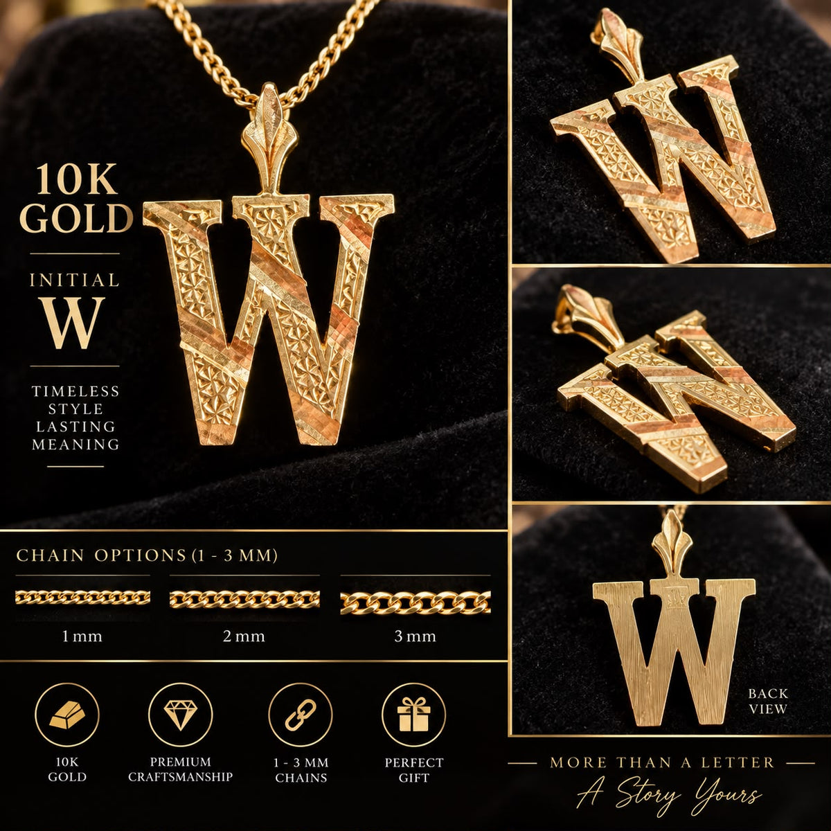 10K Yellow Gold Initial Letter Pendant C R F P W 1–1.2” Diamond Cut Charm