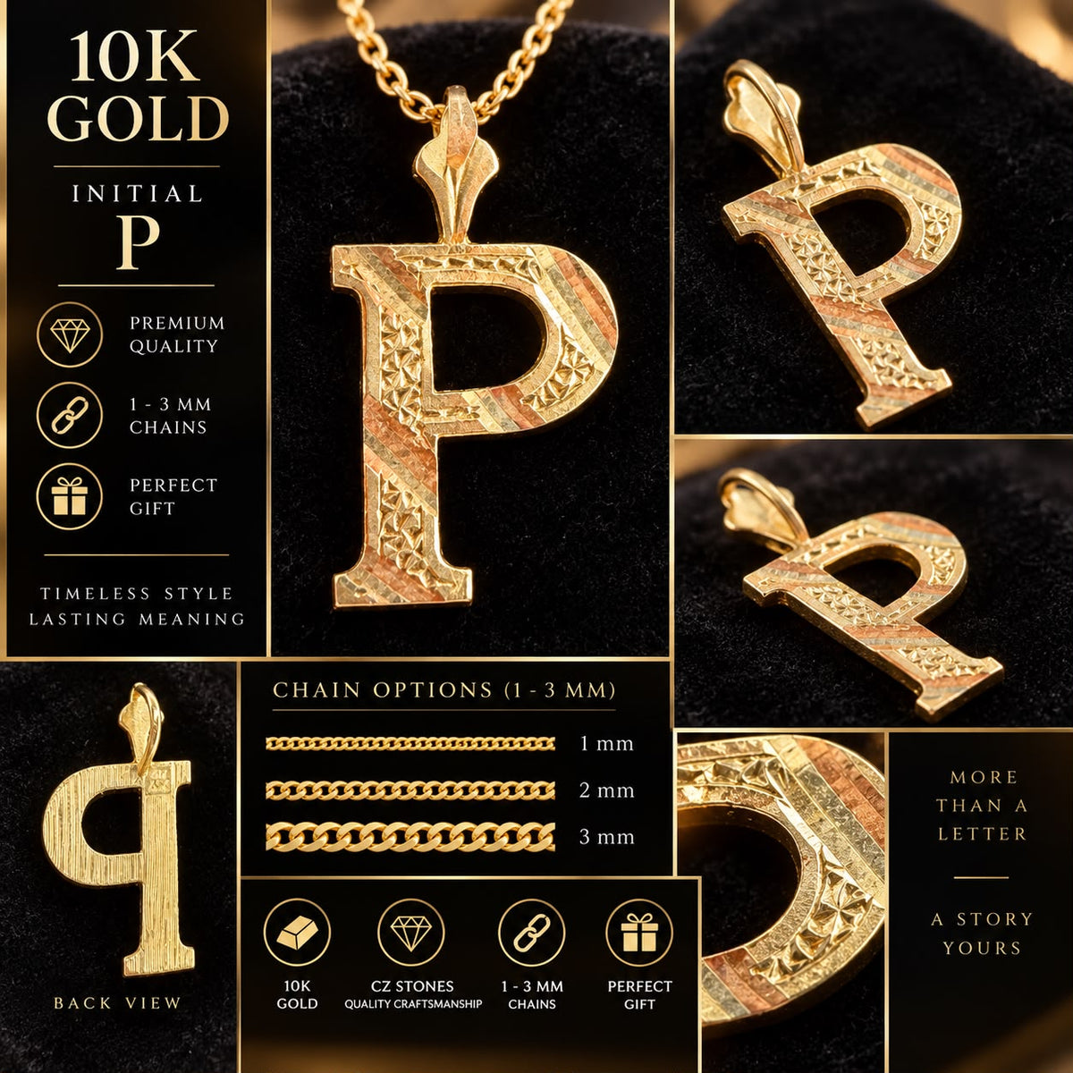 10K Yellow Gold Initial Letter Pendant C R F P W 1–1.2” Diamond Cut Charm