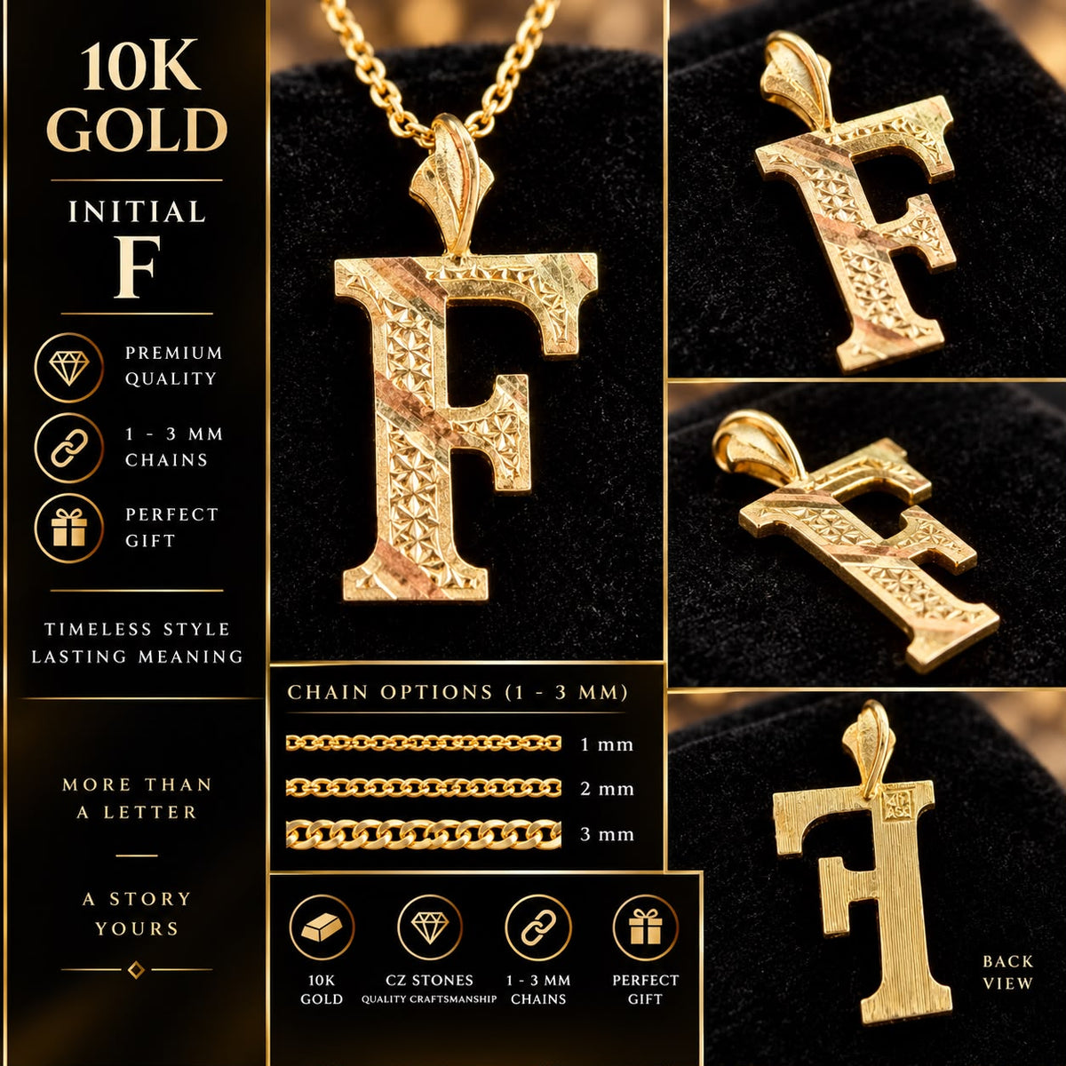 10K Yellow Gold Initial Letter Pendant C R F P W 1–1.2” Diamond Cut Charm