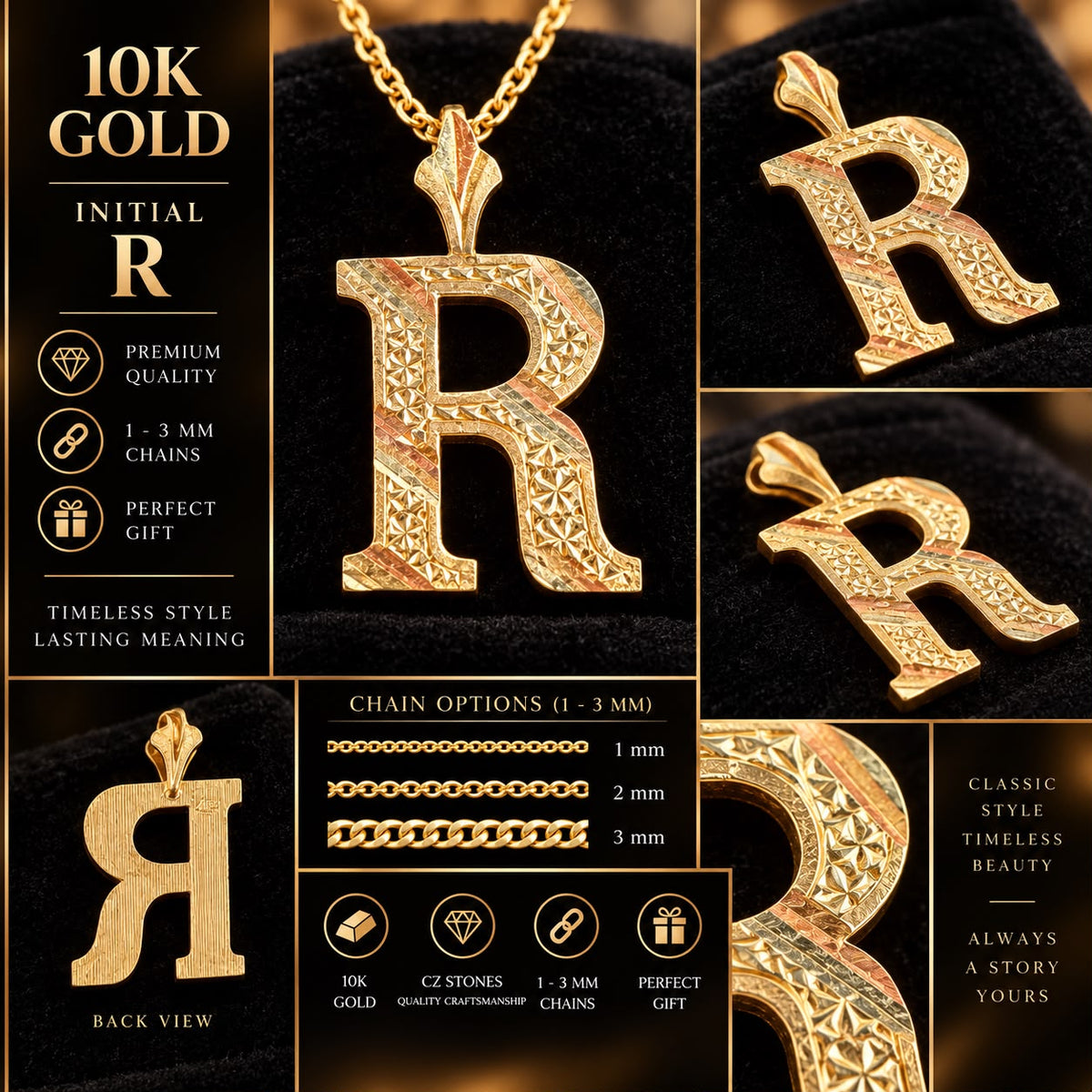 10K Yellow Gold Initial Letter Pendant C R F P W 1–1.2” Diamond Cut Charm
