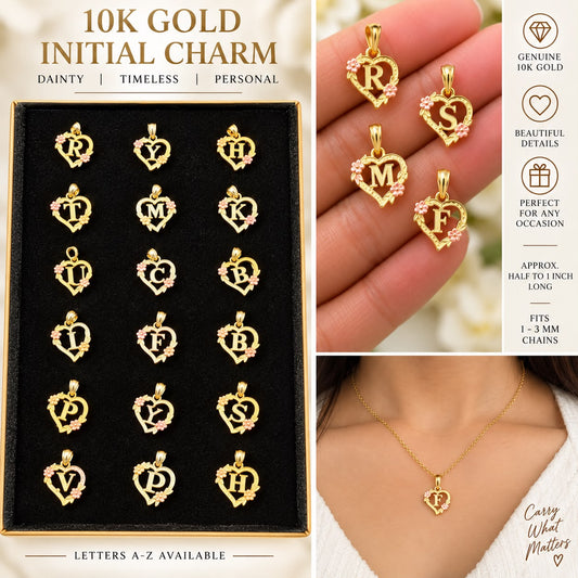 10K Yellow Gold Heart Initial Letter Charm Pendant Floral Design A-Z Available