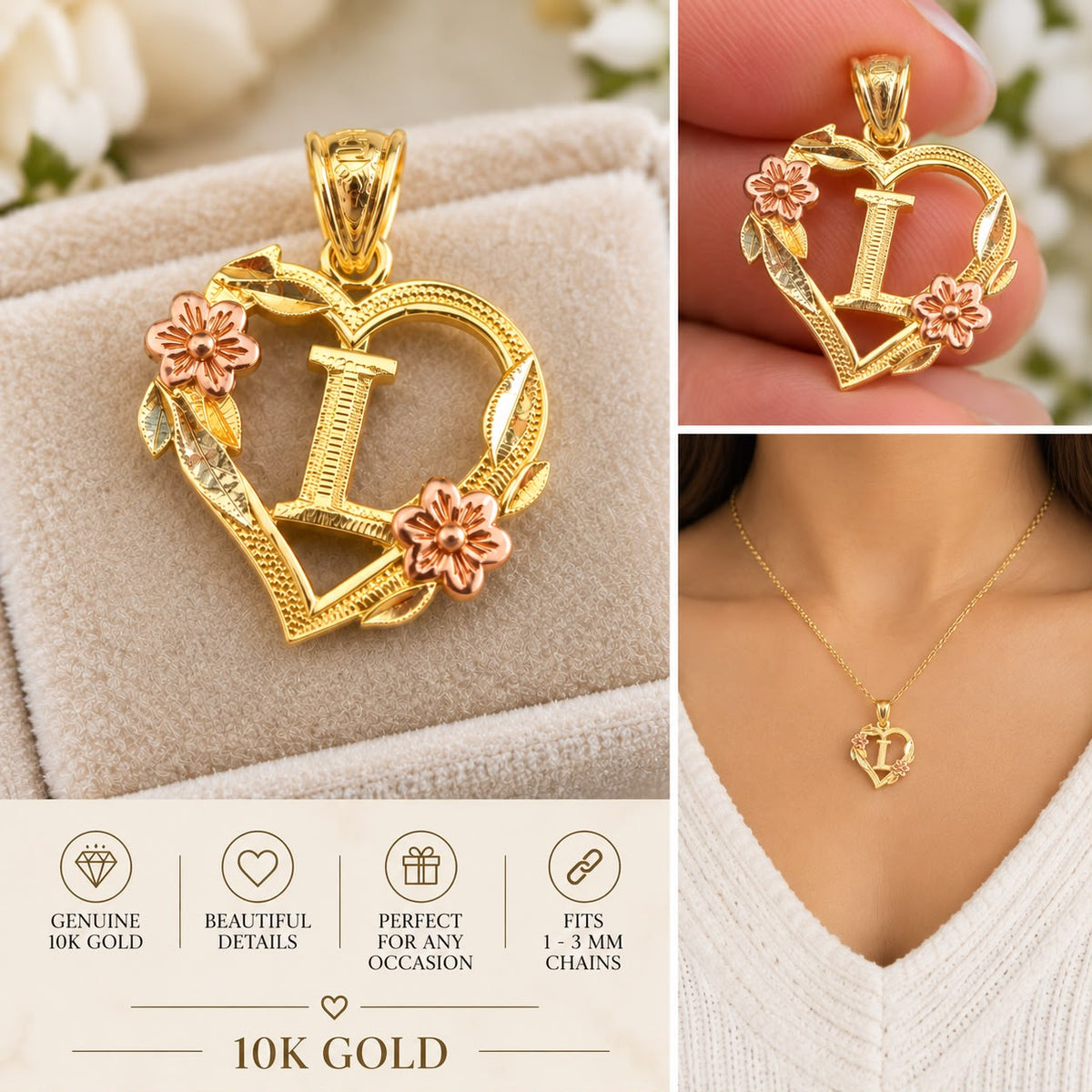 10K Yellow Gold Heart Initial Letter Charm Pendant Floral Design A-Z Available