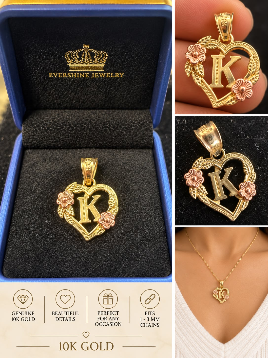 10K Yellow Gold Heart Initial Letter Charm Pendant Floral Design A-Z Available