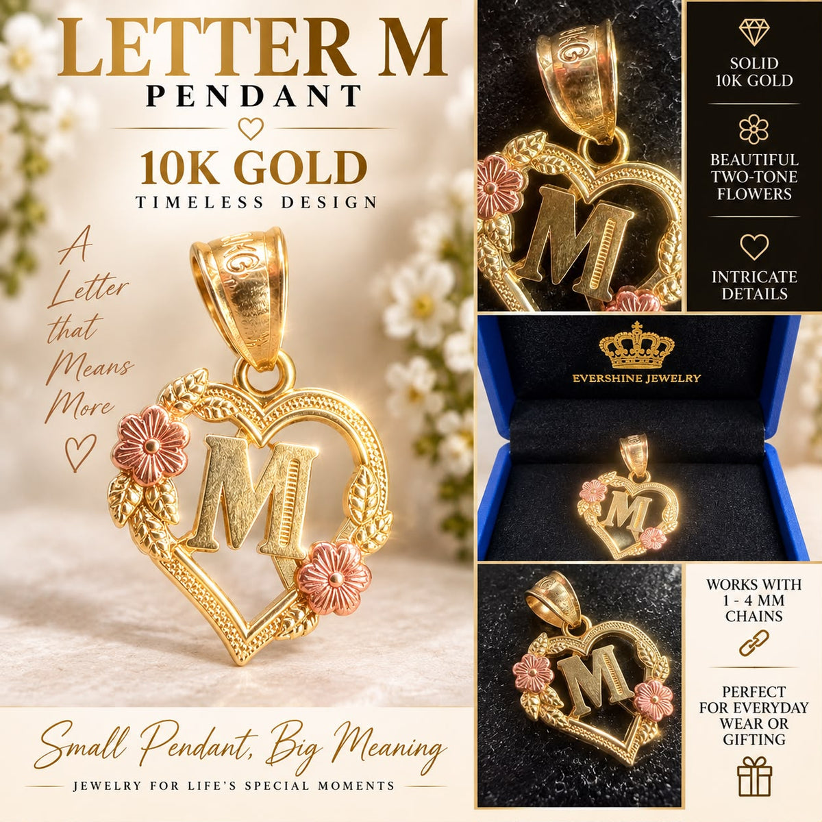 10K Yellow Gold Heart Initial Letter Charm Pendant Floral Design A-Z Available