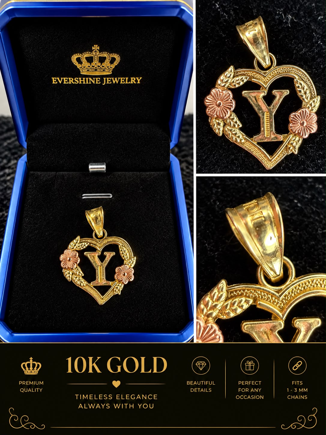 10K Yellow Gold Heart Initial Letter Charm Pendant Floral Design A-Z Available