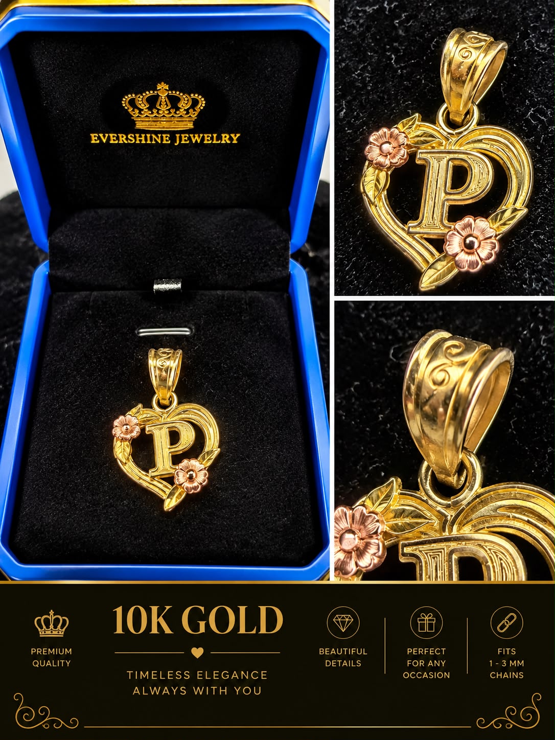 10K Yellow Gold Heart Initial Letter Charm Pendant Floral Design A-Z Available