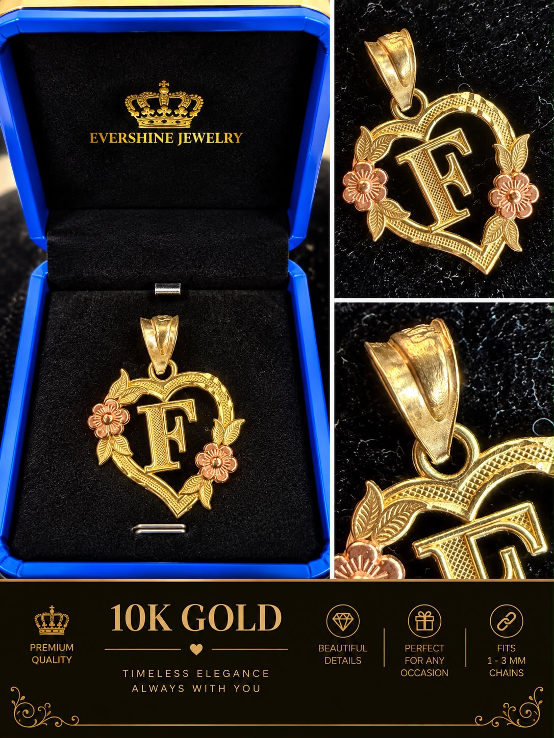 10K Yellow Gold Heart Initial Letter Charm Pendant Floral Design A-Z Available