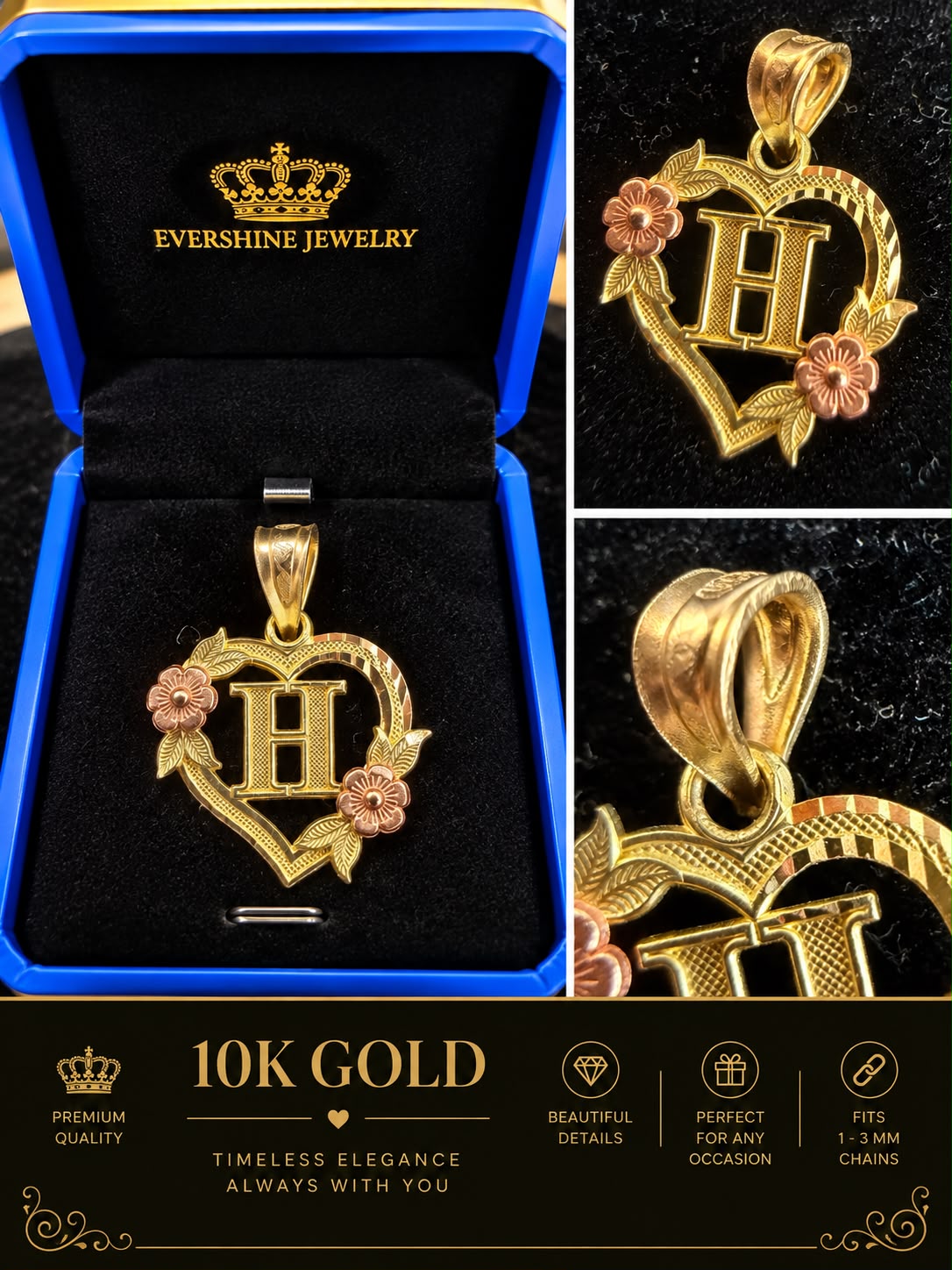 10K Yellow Gold Heart Initial Letter Charm Pendant Floral Design A-Z Available
