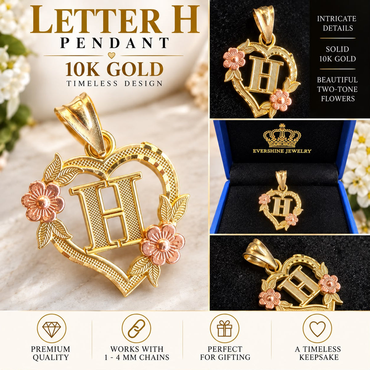 10K Yellow Gold Heart Initial Letter Charm Pendant Floral Design A-Z Available
