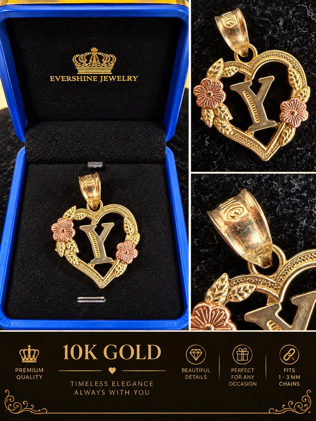 10K Yellow Gold Heart Initial Letter Charm Pendant Floral Design A-Z Available