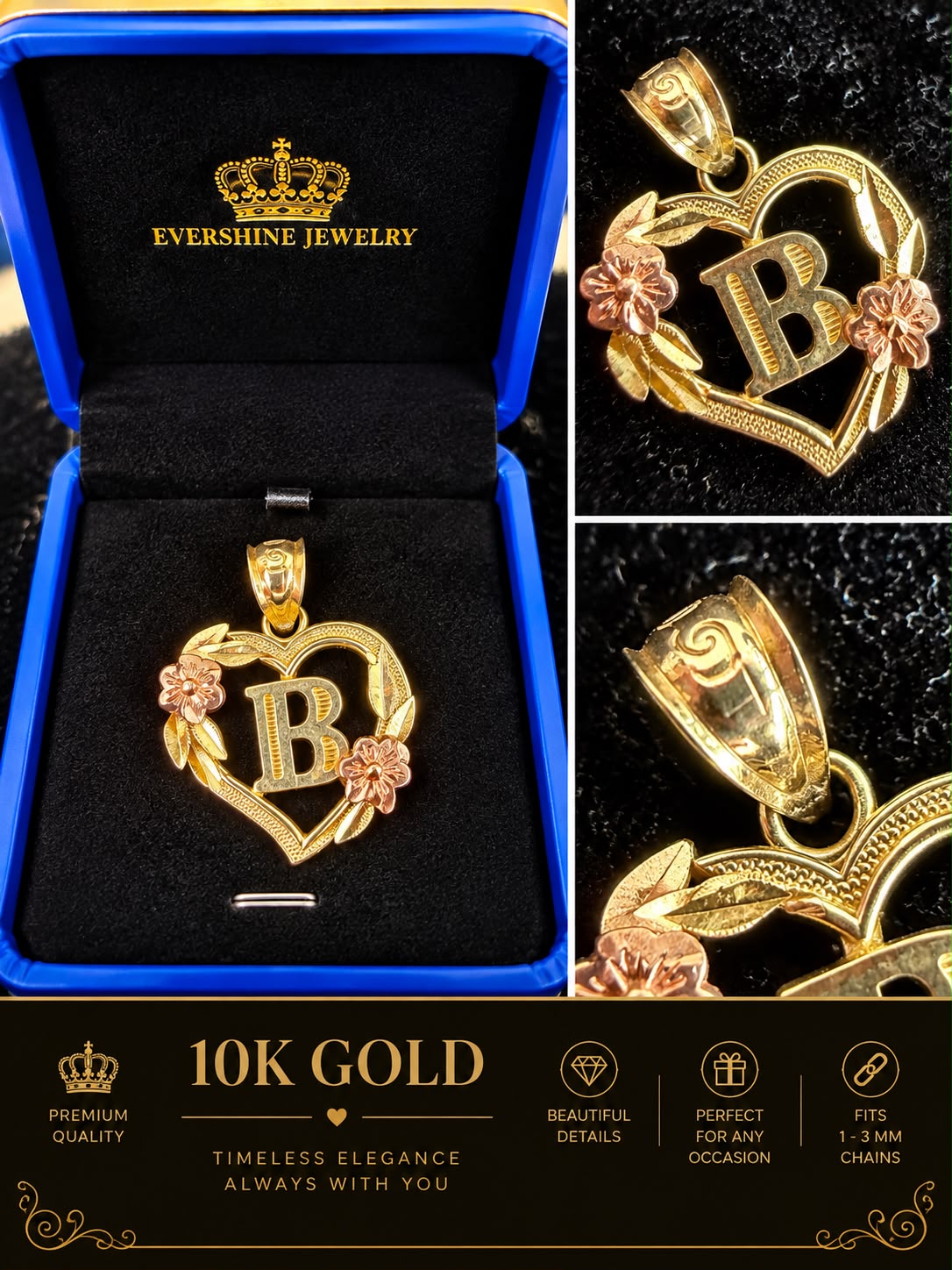 10K Yellow Gold Heart Initial Letter Charm Pendant Floral Design A-Z Available