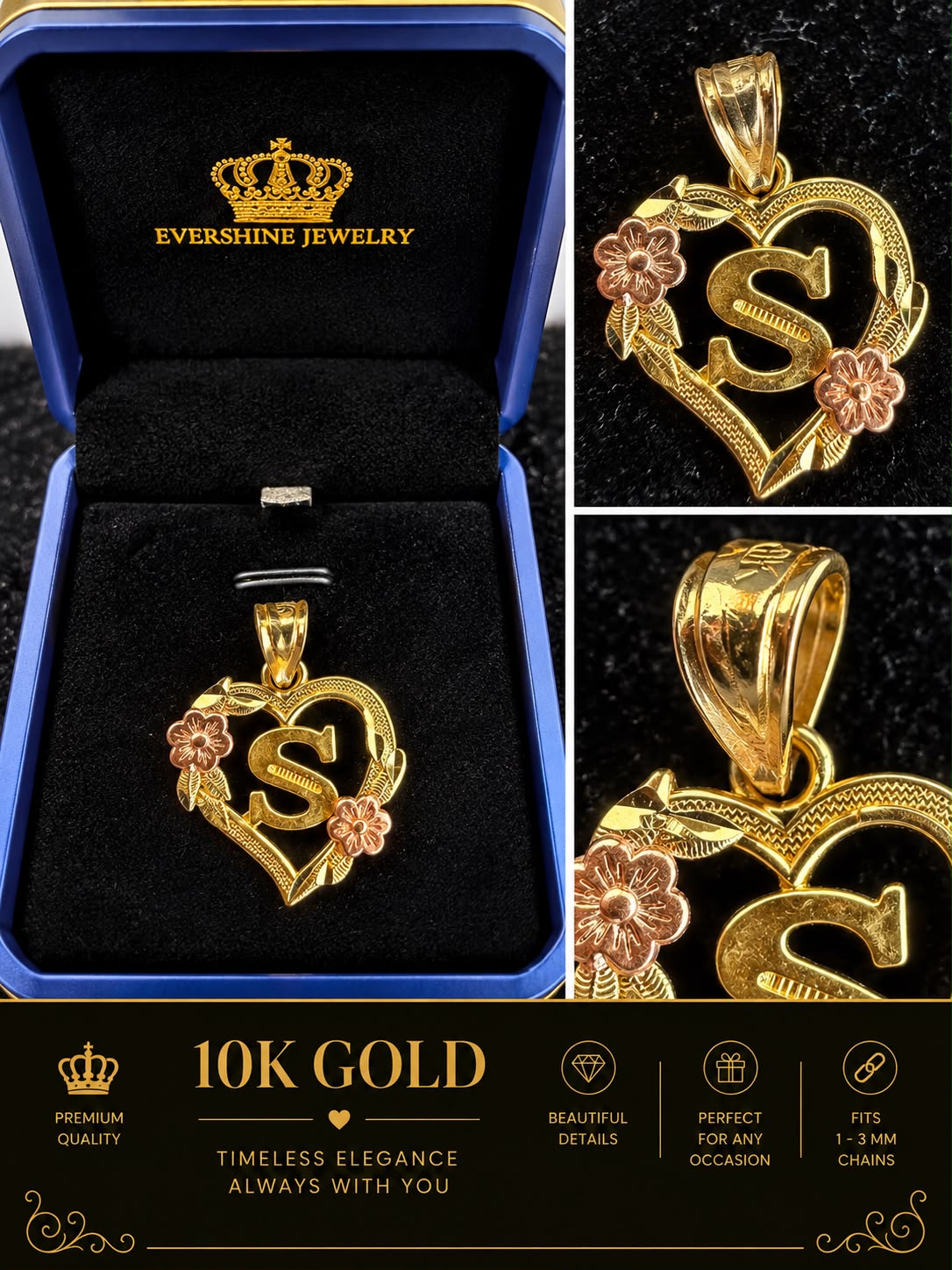 10K Yellow Gold Heart Initial Letter Charm Pendant Floral Design A-Z Available