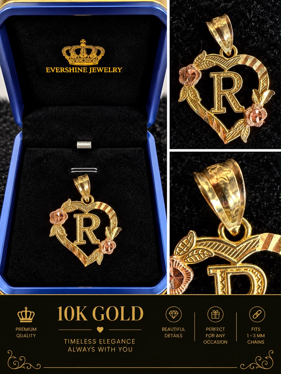 10K Yellow Gold Heart Initial Letter Charm Pendant Floral Design A-Z Available