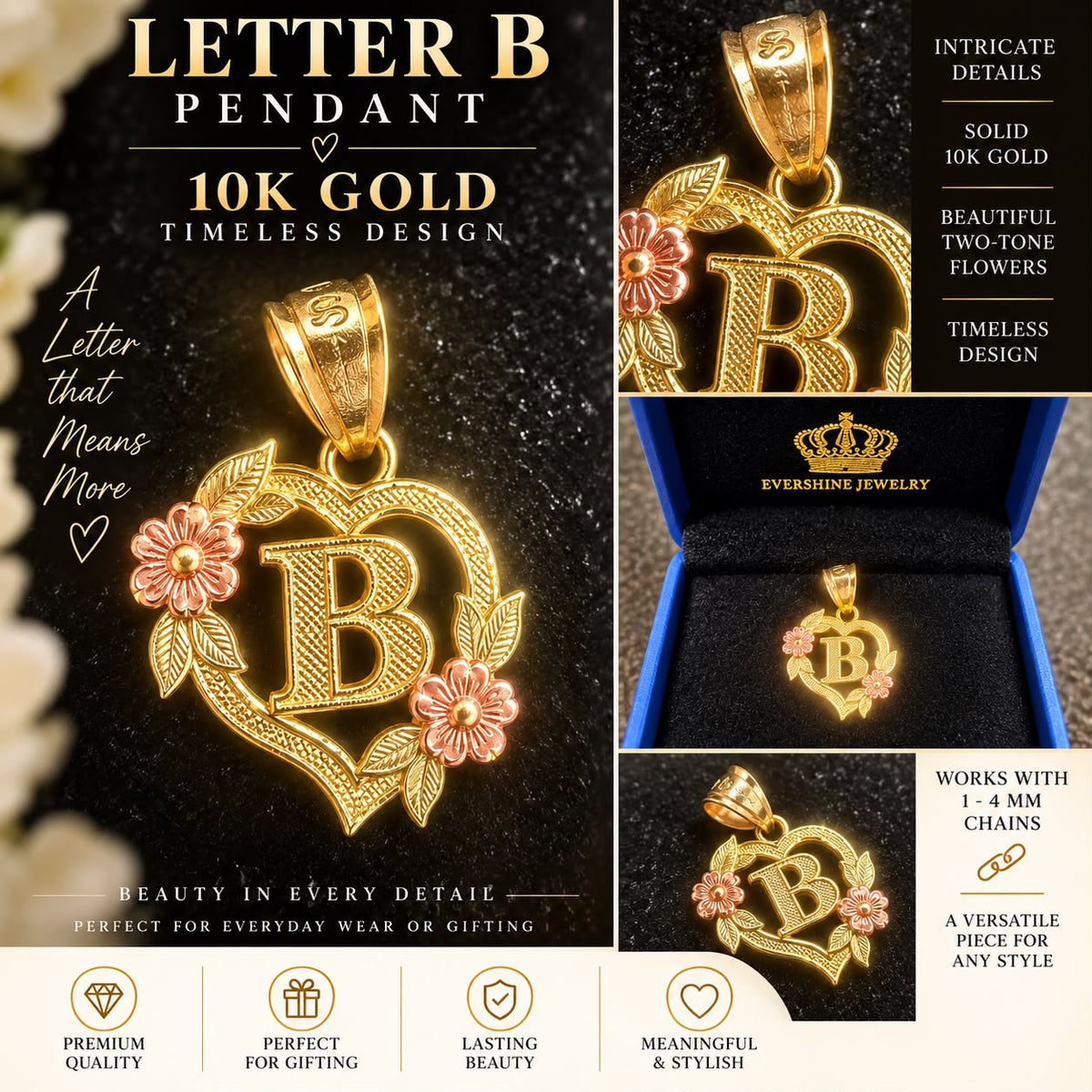10K Yellow Gold Heart Initial Letter Charm Pendant Floral Design A-Z Available