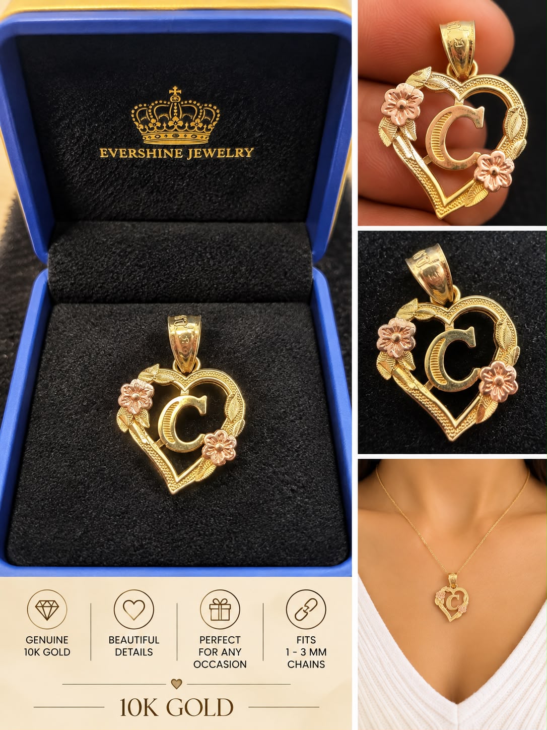 10K Yellow Gold Heart Initial Letter Charm Pendant Floral Design A-Z Available