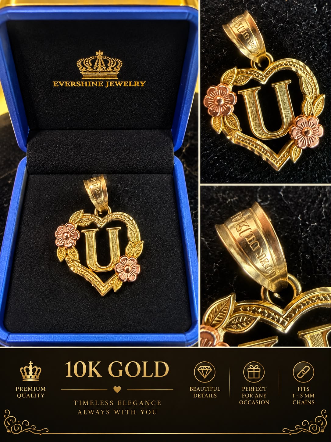 10K Yellow Gold Heart Initial Letter Charm Pendant Floral Design A-Z Available