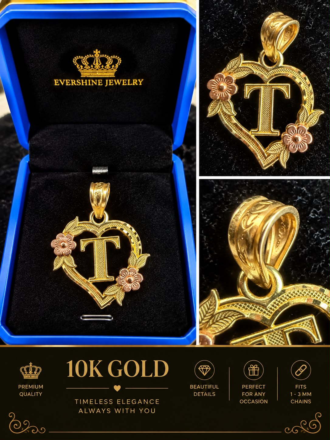 10K Yellow Gold Heart Initial Letter Charm Pendant Floral Design A-Z Available