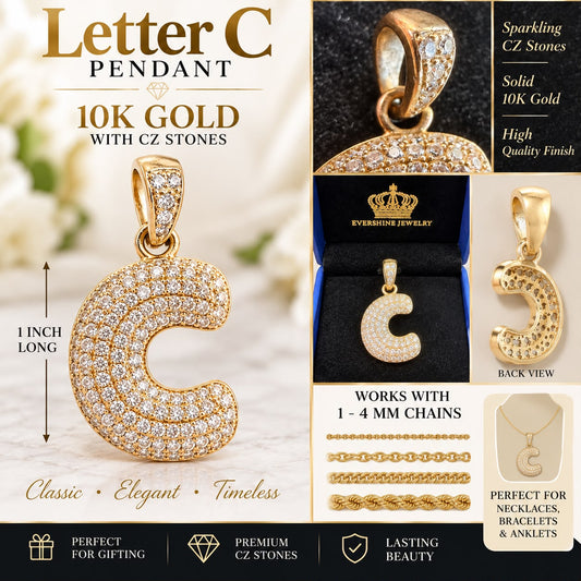 10K Yellow Gold Letter C Initial Pendant CZ Stones 1” Charm Approx 4g