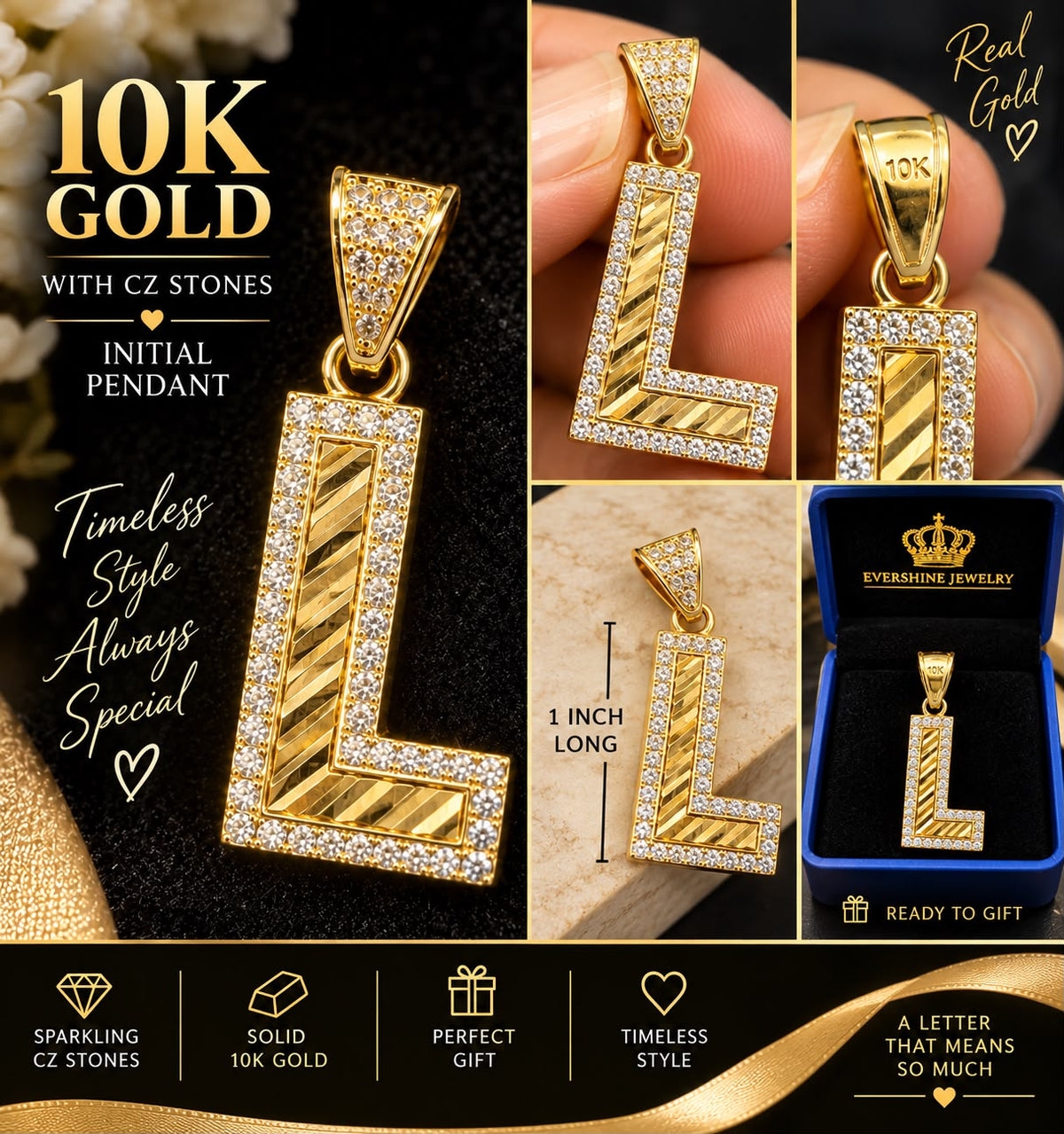 10K Yellow Gold Letter L Initial Pendant CZ Stones 1” Diamond Cut Charm