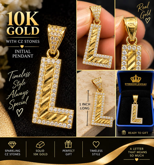 10K Yellow Gold Letter L Initial Pendant CZ Stones 1” Diamond Cut Charm