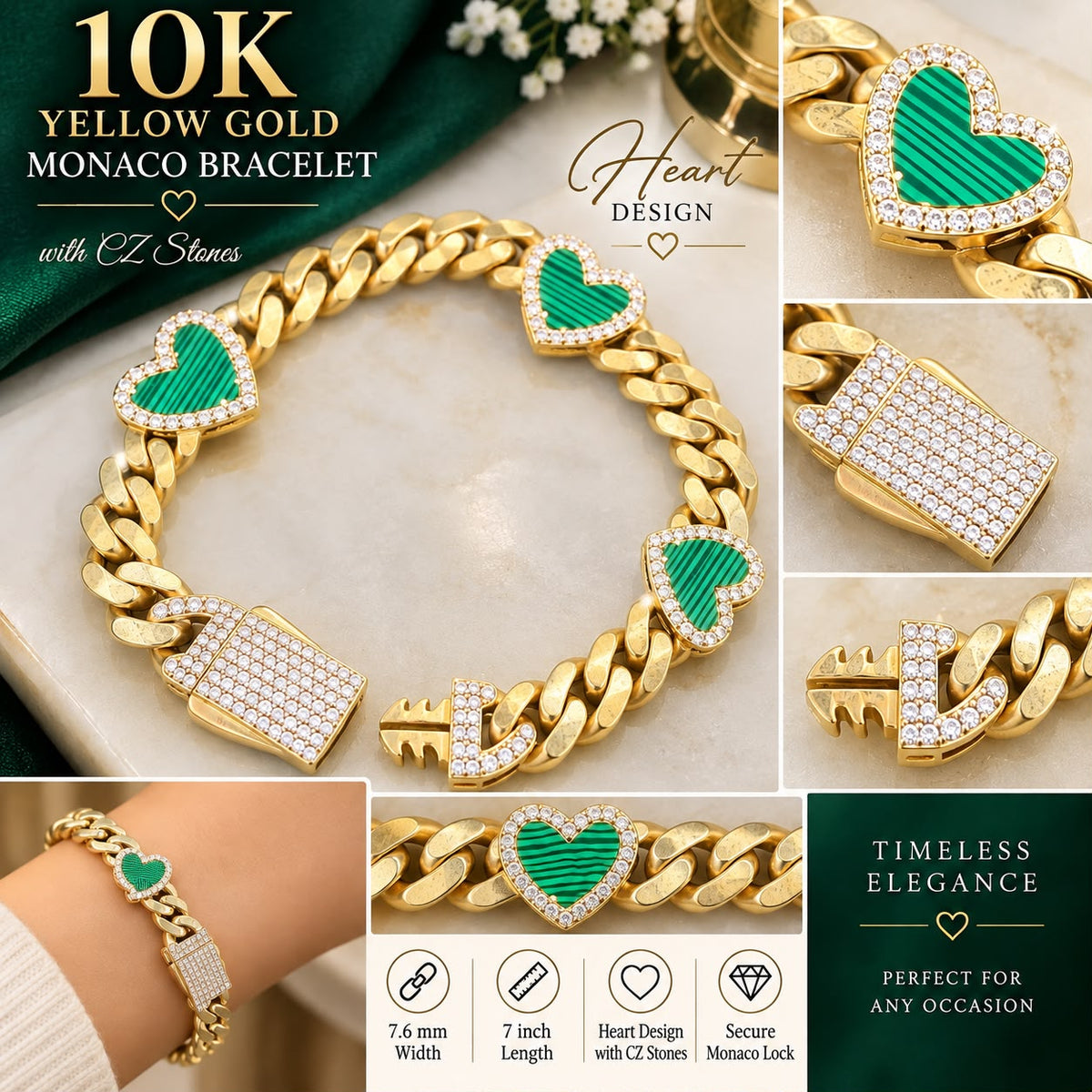 10K Yellow Gold Monaco Bracelet Green Heart CZ Stones 7” 7.6mm