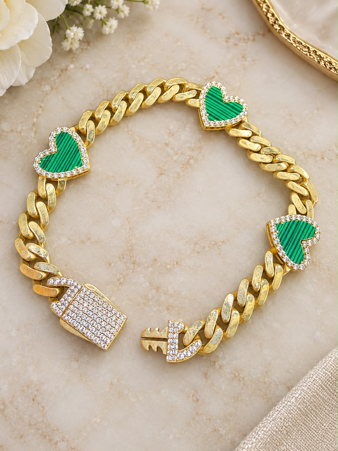 10K Yellow Gold Monaco Bracelet Green Heart CZ Stones 7” 7.6mm