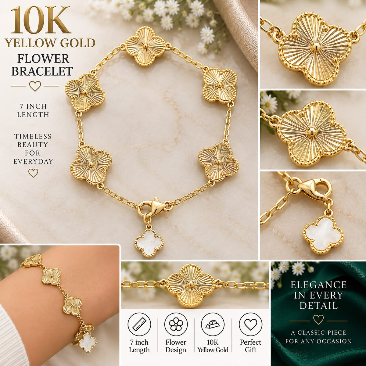 10K Yellow Gold 7” Flower Bracelet Four Leaf Floral Design Lobster Clasp