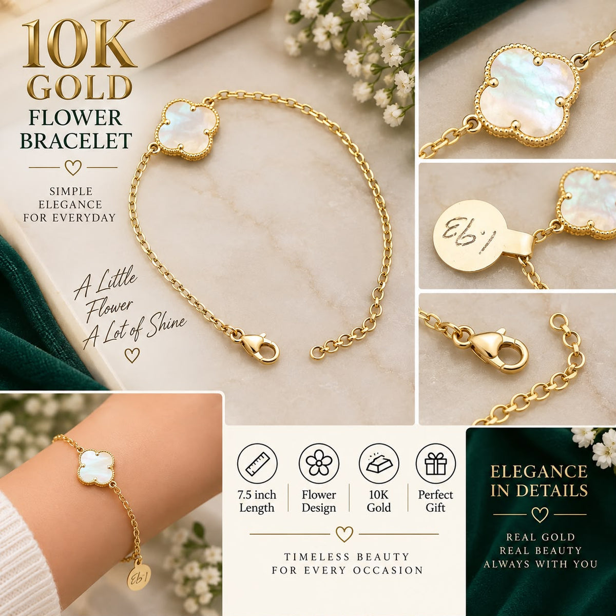 10K Yellow Gold 7.5” Mother of Pearl Flower Bracelet Adjustable Women’s