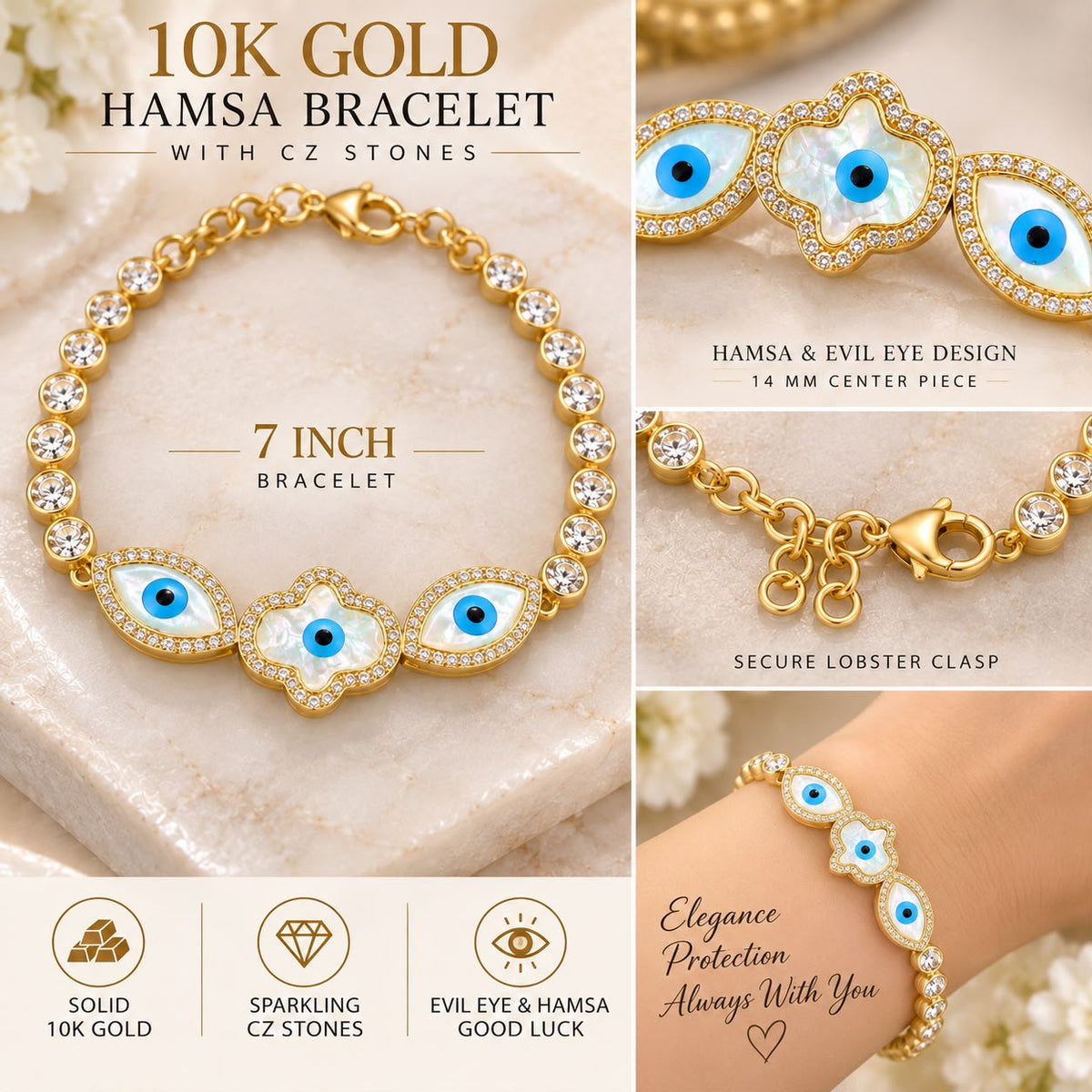 10K Yellow Gold Hamsa Evil Eye Bracelet CZ Stones 7” 14mm Good Luck Jewelry
