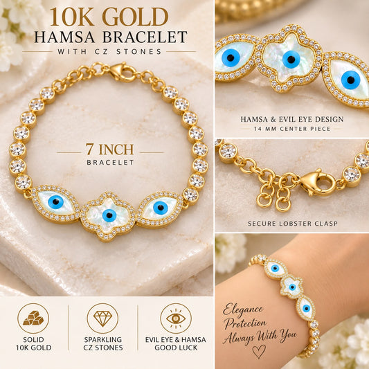 10K Yellow Gold Hamsa Evil Eye Bracelet CZ Stones 7” 14mm Good Luck Jewelry