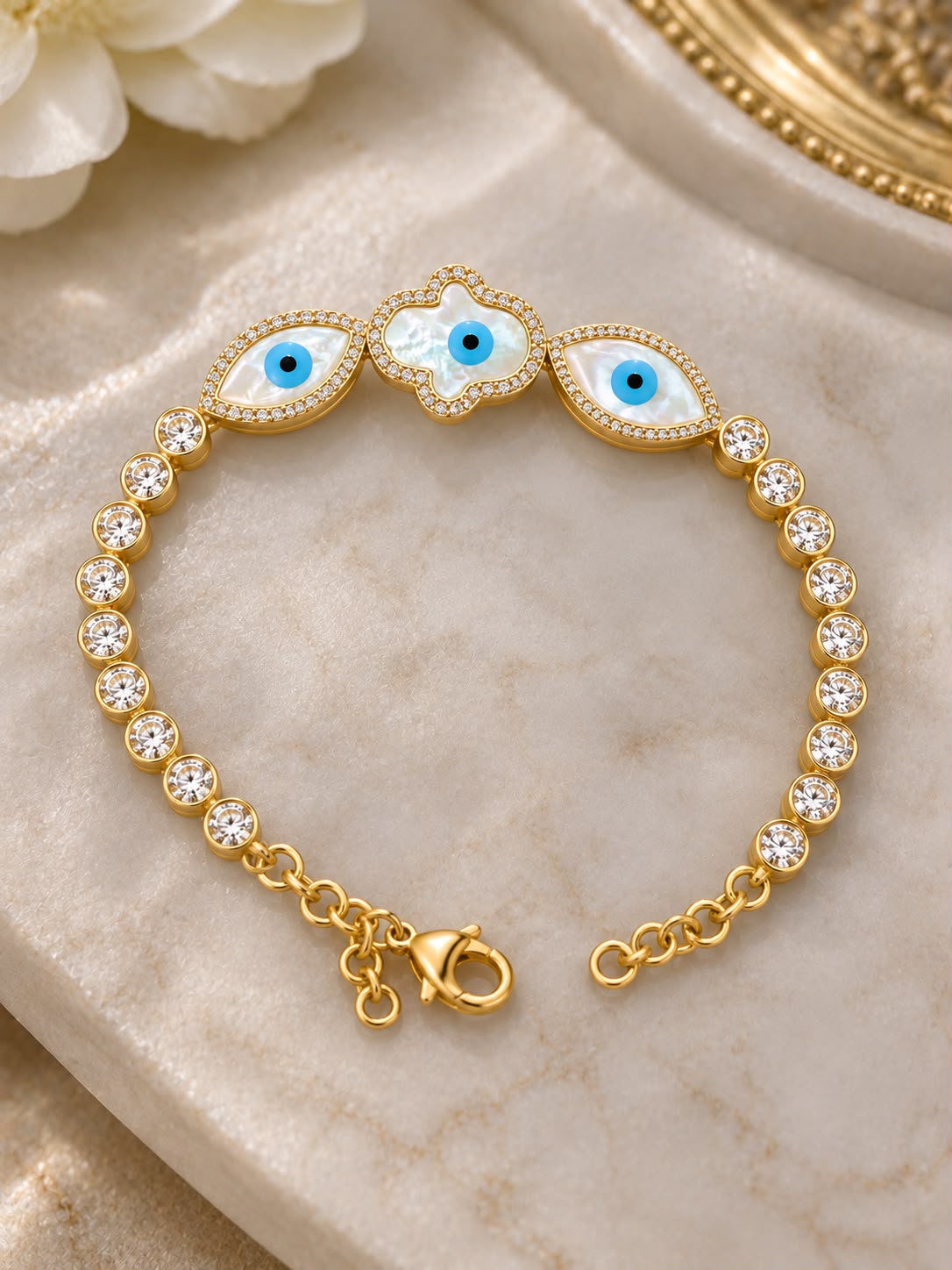 10K Yellow Gold Hamsa Evil Eye Bracelet CZ Stones 7” 14mm Good Luck Jewelry