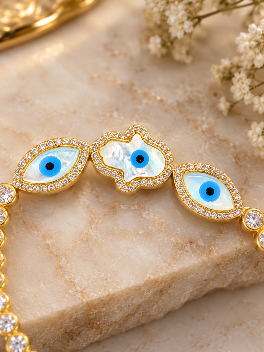 10K Yellow Gold Hamsa Evil Eye Bracelet CZ Stones 7” 14mm Good Luck Jewelry