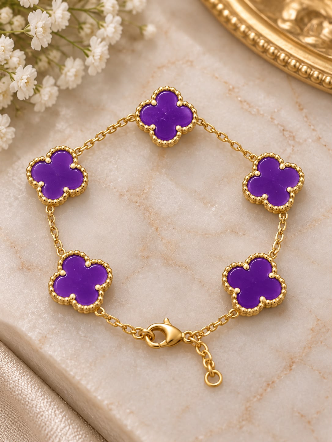 10K Yellow Gold Purple Flower Bracelet 7” Five Flower Design Women’s Jewelry
