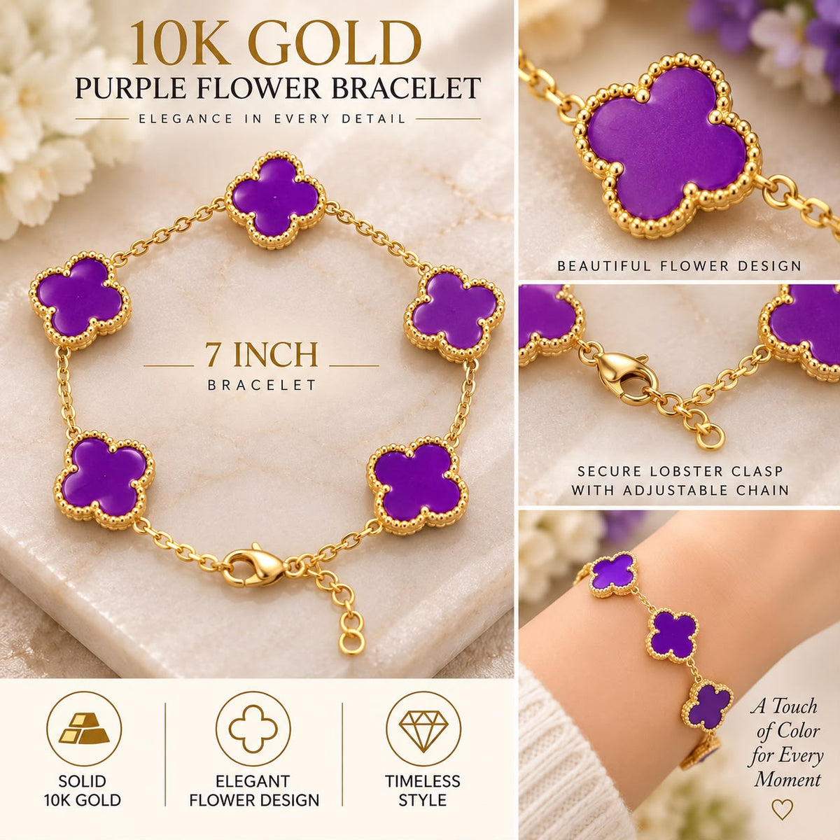 10K Yellow Gold Purple Flower Bracelet 7” Five Flower Design Women’s Jewelry