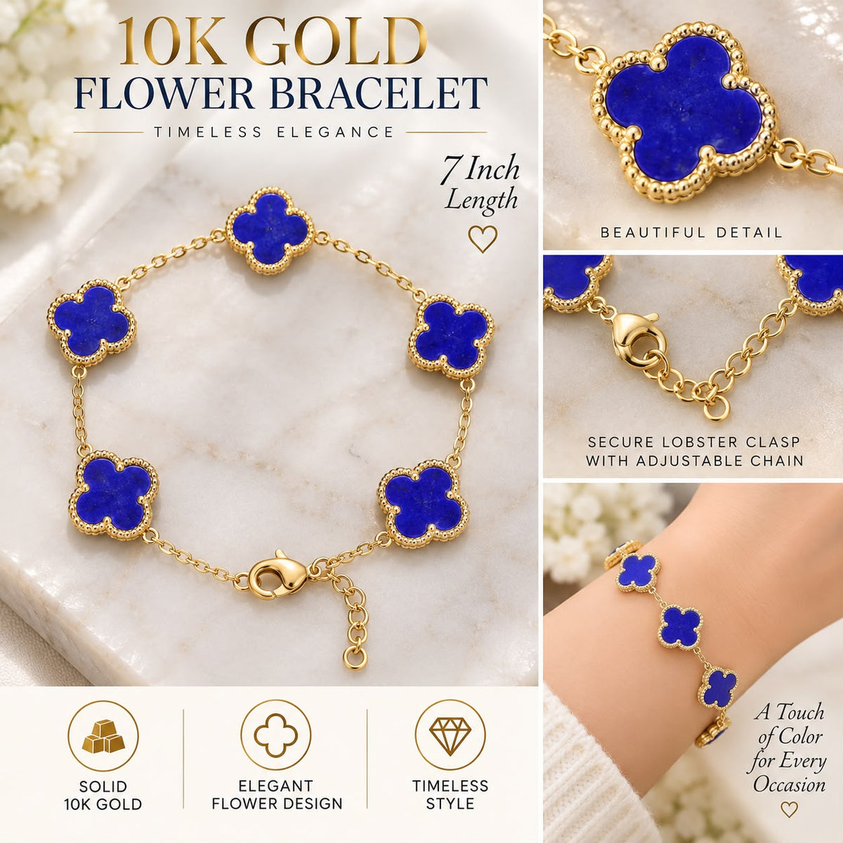 10K Yellow Gold Blue Flower Bracelet 7” Five Flower Design Women’s Jewelry